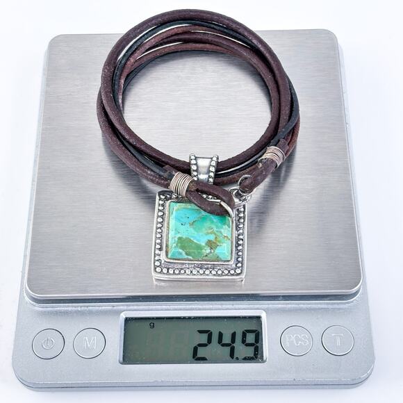 Vintage Sterling Silver Leather Cord Composite Turquoise Pendant Necklace 15.5" - Picture 6 of 7